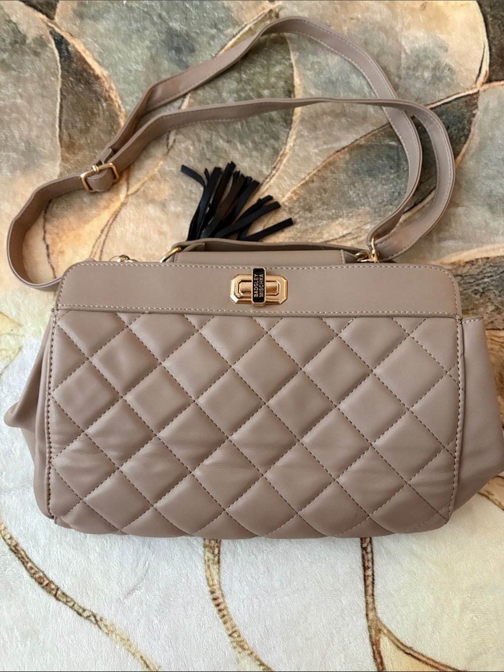Badgley Mischka Quilted Taupe Crossbody with Tassel and Gold Turn-Lock